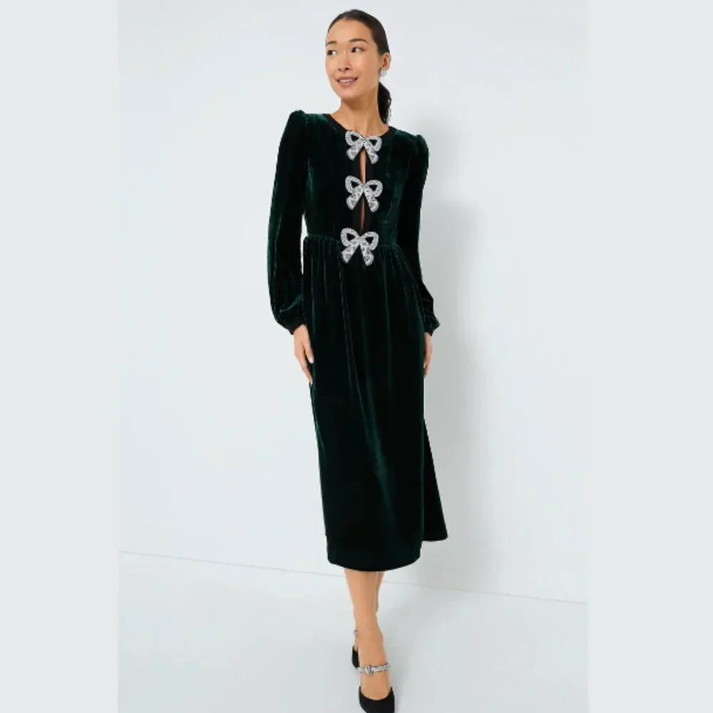 Saloni Camille Racing Green Velvet Dress 4 Jeweled Bows Midi Feminine Holiday - Picture 3 of 8